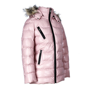 Womens Selina Puffer Leather Jacket with Fur Hoodie (Pink)