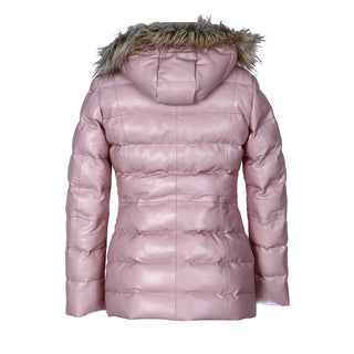 Womens Selina Puffer Leather Jacket with Fur Hoodie (Pink)