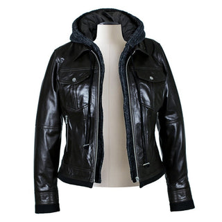 Roxanne Womens Wax Finish Hooded Leather Jacket with Removable Lining