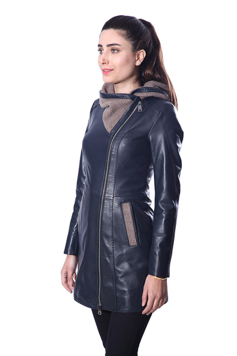 Janno Women’s Leather Jacket with Tricko Hoodie – Midnight Blue