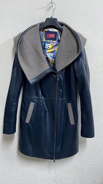 Janno Women’s Leather Jacket with Tricko Hoodie – Midnight Blue