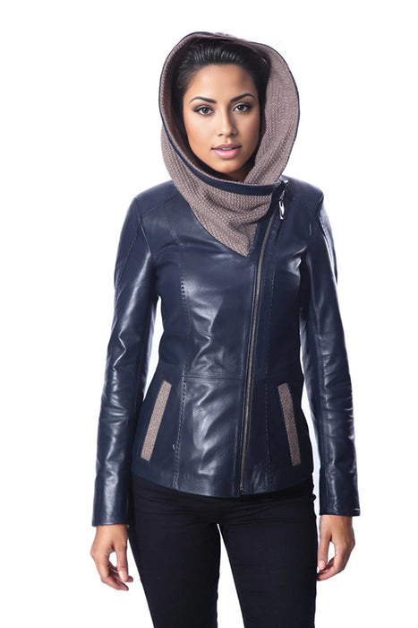 Janno Women’s Leather Jacket with Tricko Hoodie – Midnight Blue