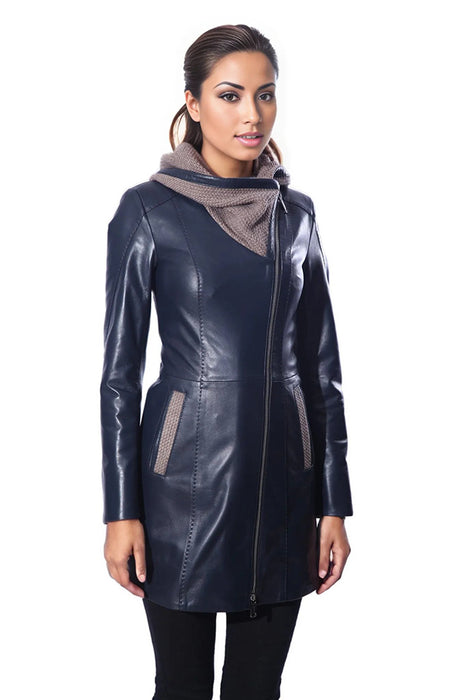 Janno Women’s Leather Jacket with Tricko Hoodie – Midnight Blue