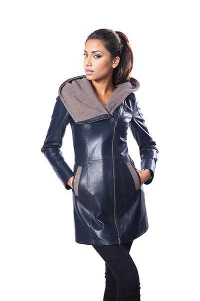 Janno Women’s Leather Jacket with Tricko Hoodie – Midnight Blue