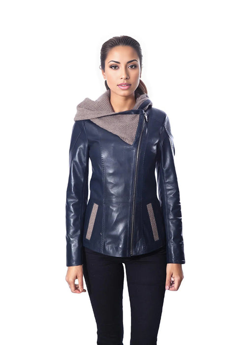 Janno Women’s Leather Jacket with Tricko Hoodie – Midnight Blue