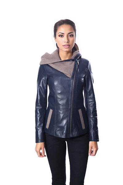Janno Women’s Leather Jacket with Tricko Hoodie – Midnight Blue