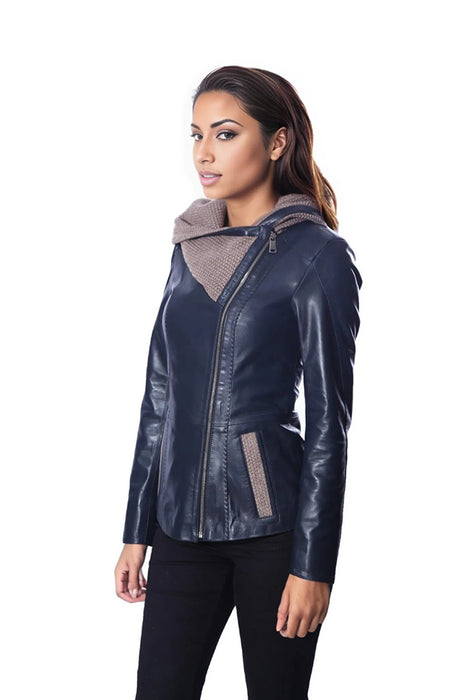 Janno Women’s Leather Jacket with Tricko Hoodie – Midnight Blue