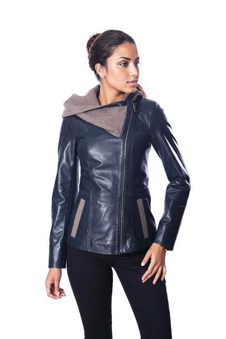 Janno Women’s Leather Jacket with Tricko Hoodie – Midnight Blue
