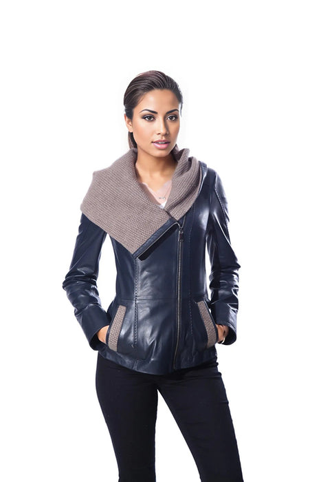 Janno Women’s Leather Jacket with Tricko Hoodie – Midnight Blue