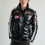 Men’s Vegan Leather Biker Jacket with Badges Faux Fur Lined