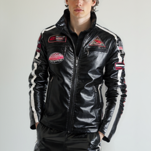Men’s Vegan Leather Biker Jacket with Badges Faux Fur Lined