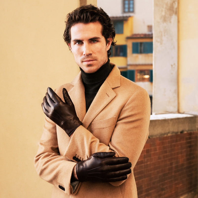 Marco (brown) - Lambskin leather gloves with white rabbit fur lining