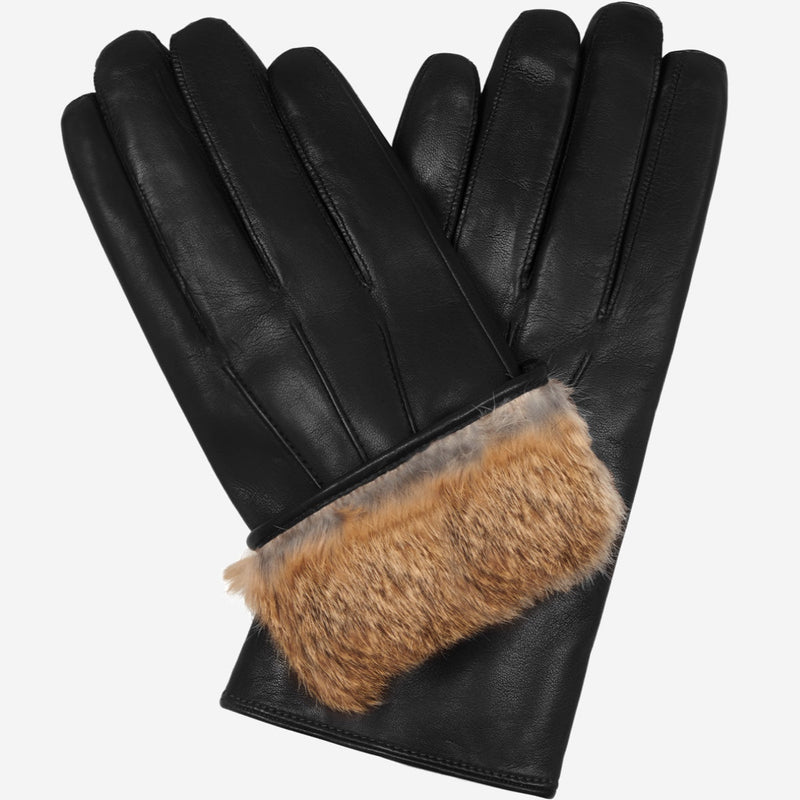 Marco (black) - lambskin leather gloves with brown rabbit fur lining