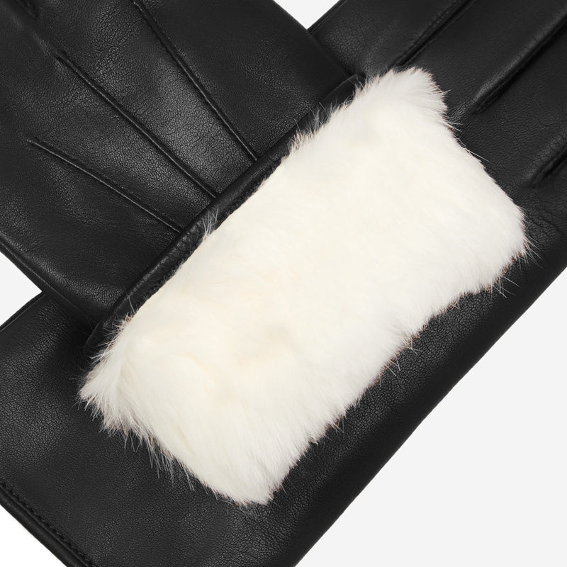 Marco (black) - Lambskin leather gloves with white rabbit fur lining