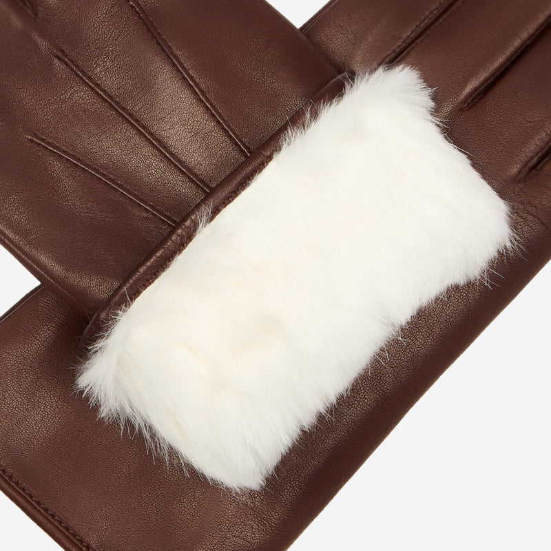 Marco (brown) - Lambskin leather gloves with white rabbit fur lining