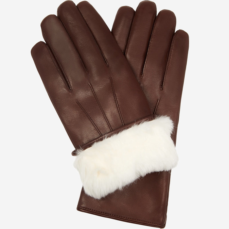 Marco (brown) - Lambskin leather gloves with white rabbit fur lining
