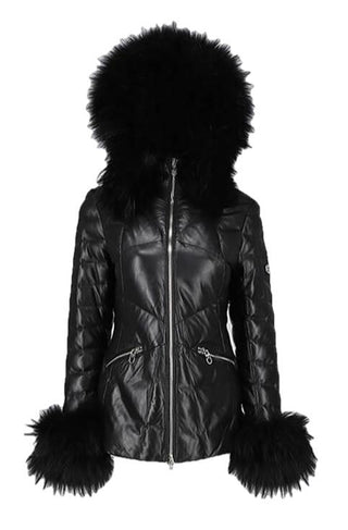 Mardi Gras Womens Fur Hooded Leather Jacket