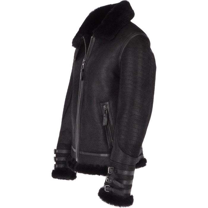 Men’s Black Aviator Flying Bomber Shearling Leather Jacket