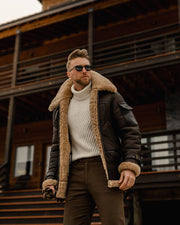 Men’s Brown B3 Flying Aviator Shearling Leather Long Jacket Coat