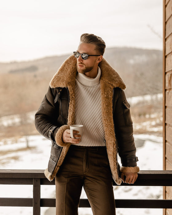 Men’s Brown B3 Flying Aviator Shearling Leather Long Jacket Coat