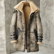 Mens Waxed B3 RAF Flying Double Collar Sheepskin Shearling Leather Long Jacket Coat