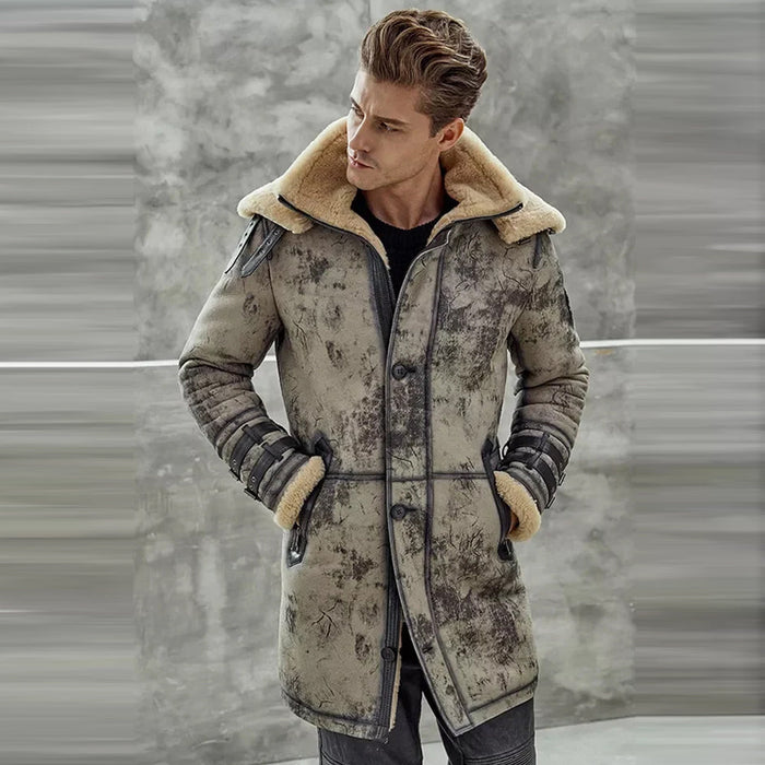 Mens Waxed B3 RAF Flying Double Collar Sheepskin Shearling Leather Long Jacket Coat