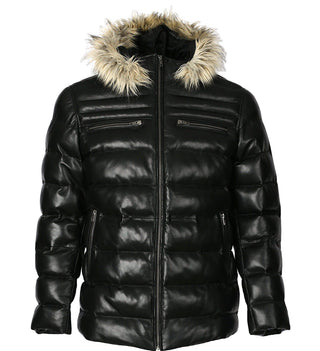 Mens Jeremiah Puffer Leather Jacket with Fur Hoodie (Black)