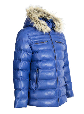 Mens Jeremiah Puffer Leather Jacket with Fur Hoodie (Blue)