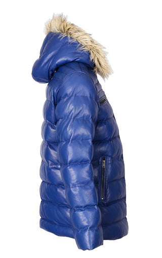 Mens Jeremiah Puffer Leather Jacket with Fur Hoodie (Blue)