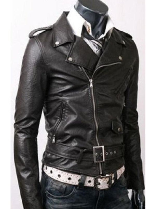 Men’s Slim Fit Belted Rider Vintage Classic Black Motorcycle Leather Jacket