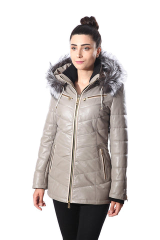 Monica Womens Real Silver Fox Fur Hooded Leather Jacket