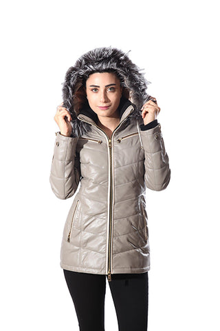 Monica Womens Real Silver Fox Fur Hooded Leather Jacket