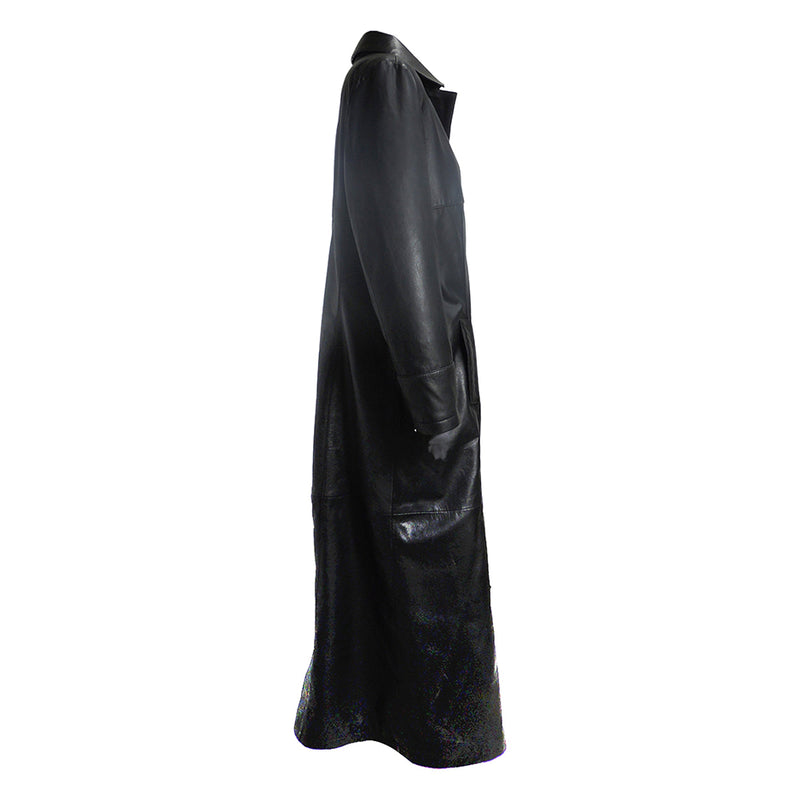 QR Matrix Womens Black Full Long Leather Coat with 3 Buttons