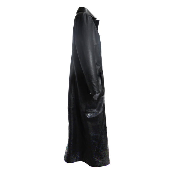 QR Matrix Womens Black Full Long Leather Coat with 3 Buttons
