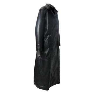 QR Matrix Womens Black Full Long Leather Coat with 3 Buttons