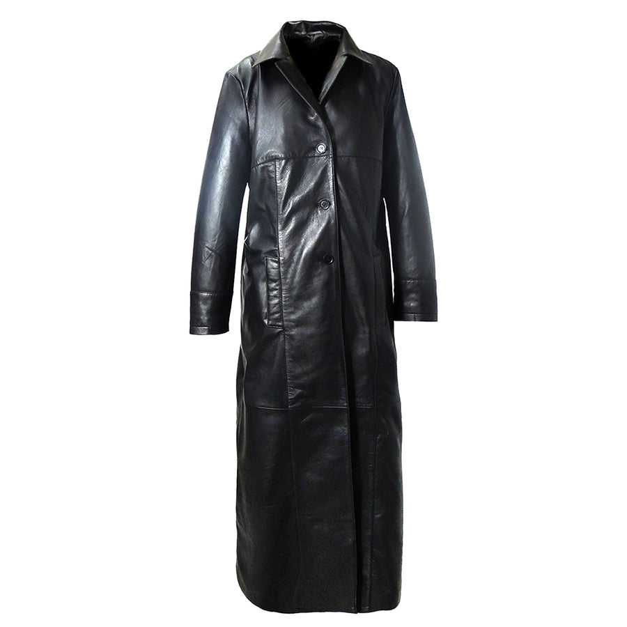 QR Matrix Womens Black Full Long Leather Coat with 3 Buttons – Inland ...