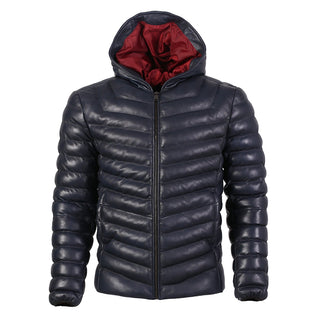 Quora Mens Bubble Puffer Leather Jacket with Hoody Dark Navy Blue
