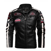 Men’s Vegan Leather Biker Jacket with Badges Faux Fur Lined