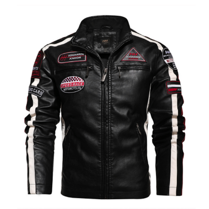 Men’s Vegan Leather Biker Jacket with Badges Faux Fur Lined