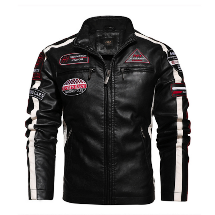 Men’s Vegan Leather Biker Jacket with Badges Faux Fur Lined