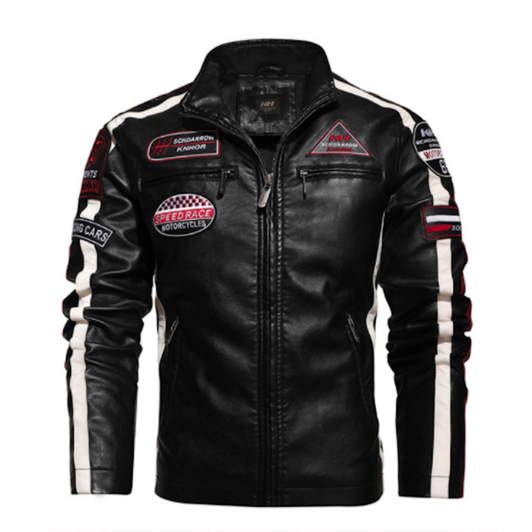 Men’s Vegan Leather Biker Jacket with Badges Faux Fur Lined