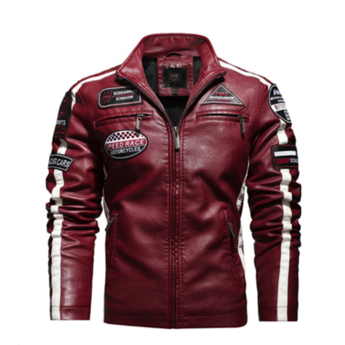 Men’s Vegan Leather Biker Jacket with Badges Faux Fur Lined