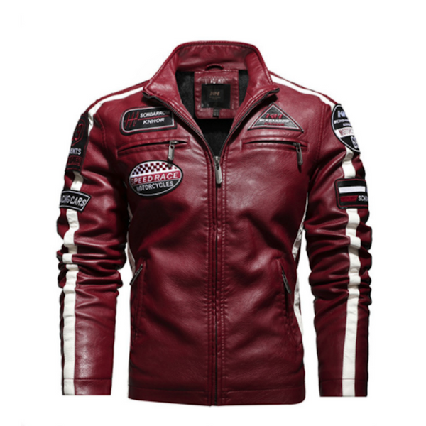 Men’s Vegan Leather Biker Jacket with Badges Faux Fur Lined