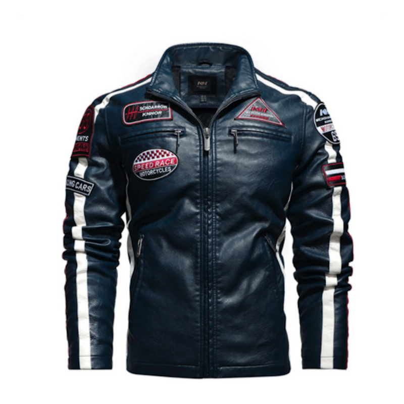 Men’s Vegan Leather Biker Jacket with Badges Faux Fur Lined