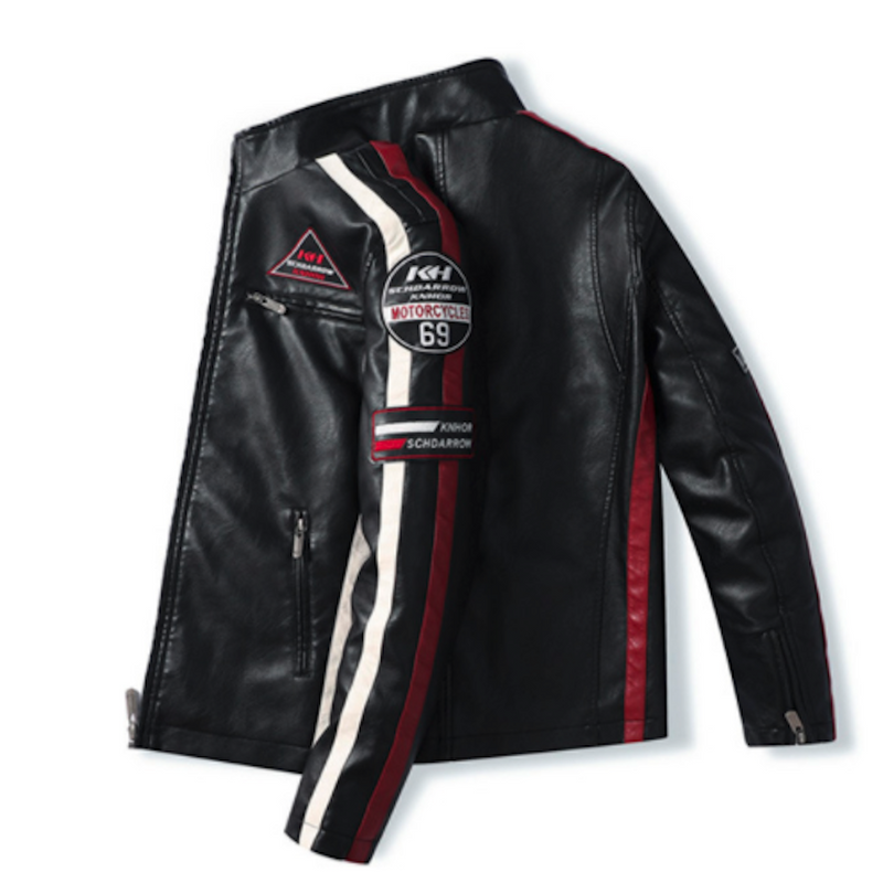 Men’s Vegan Leather Biker Jacket with Badges Faux Fur Lined