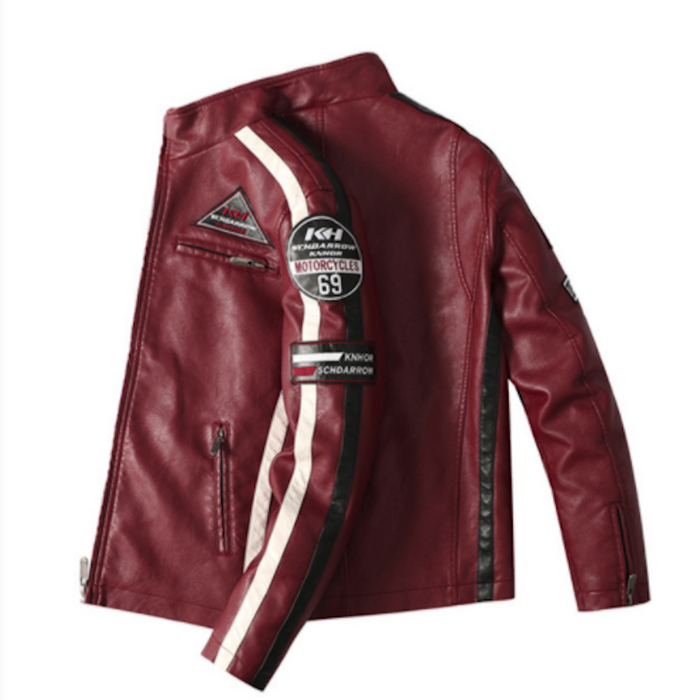 Men’s Vegan Leather Biker Jacket with Badges Faux Fur Lined