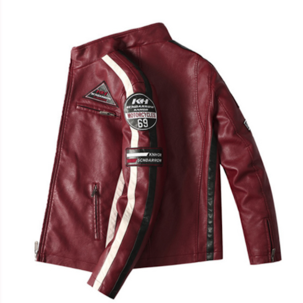 Men’s Vegan Leather Biker Jacket with Badges Faux Fur Lined