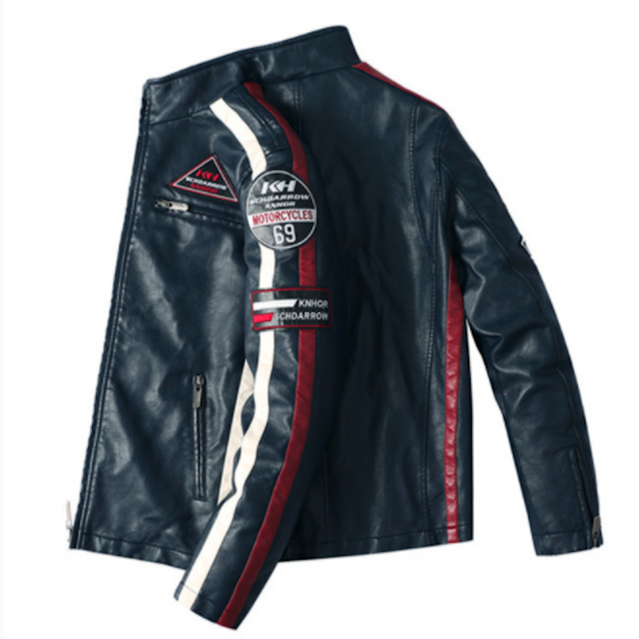 Men’s Vegan Leather Biker Jacket with Badges Faux Fur Lined