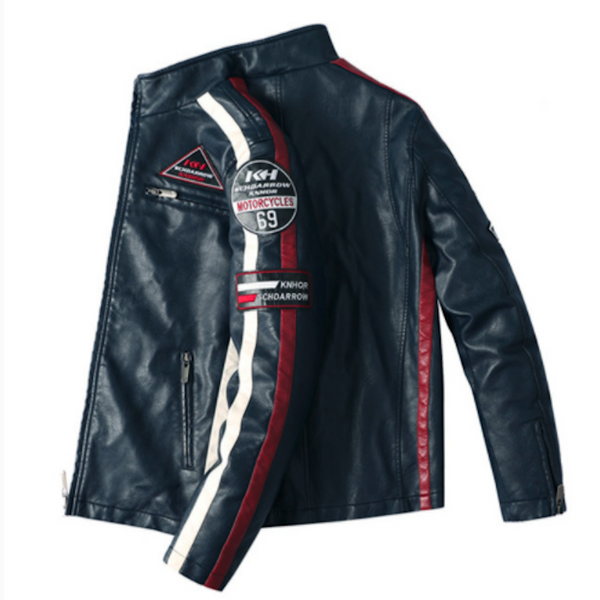 Men’s Vegan Leather Biker Jacket with Badges Faux Fur Lined