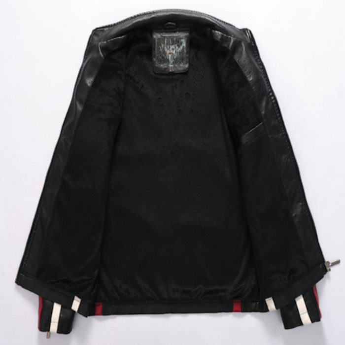 Men’s Vegan Leather Biker Jacket with Badges Faux Fur Lined